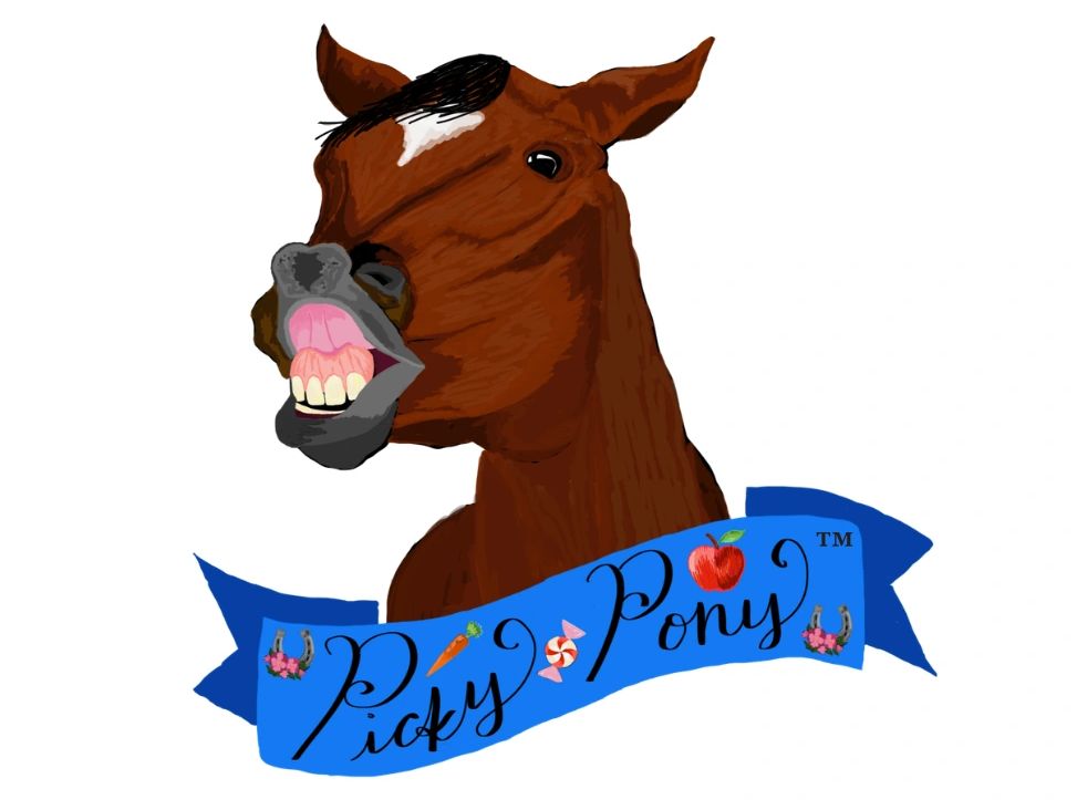 Horse head with a blue banner reading Picky Pony.