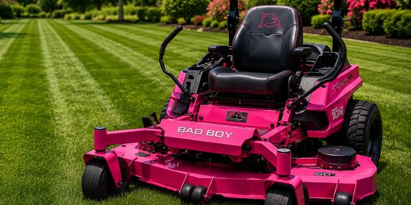 A bright pink Bad Boy zero-turn lawn mower on freshly mowed grass.