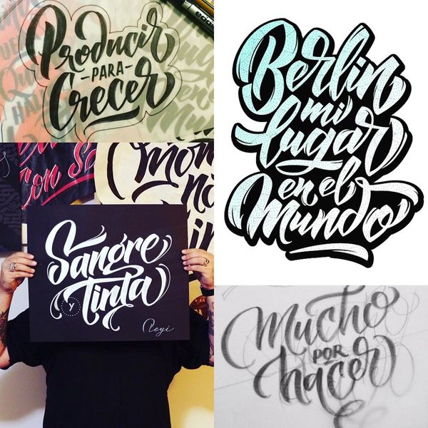 Various artistic calligraphy phrases in Spanish with bold strokes and elegant flourishes.