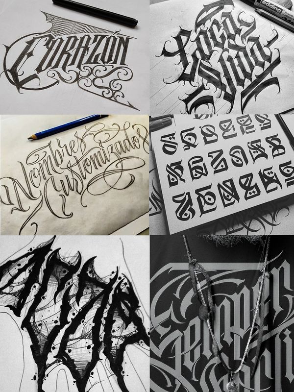 Collage of six intricate calligraphy and lettering art pieces with pens and pencils.