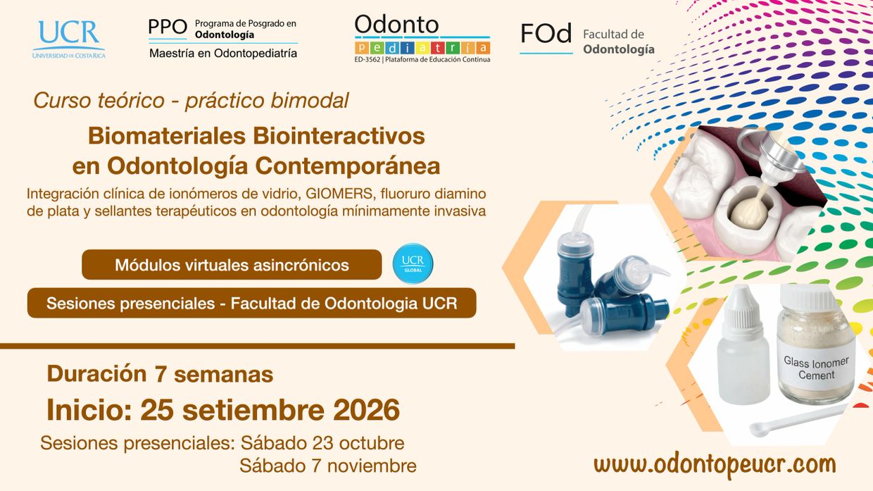 Curso bimodal sobre biomateriales biointeractivos en odontología contemporánea con sesiones virtuales y presenciales.