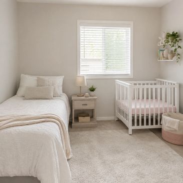 Minimalist nursery with white crib and single bed.