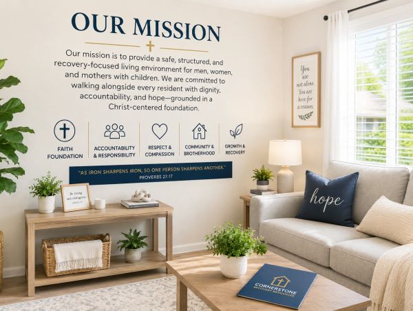 A cozy living room with a mission statement and inspirational decor.