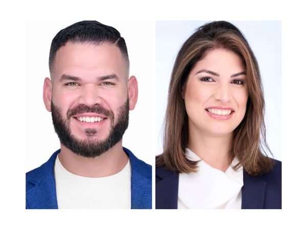 Professional headshots of a smiling man and woman against white backgrounds.