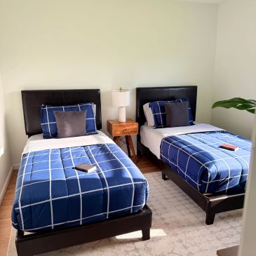 Two twin beds with blue checkered bedding and nightstand with lamp.