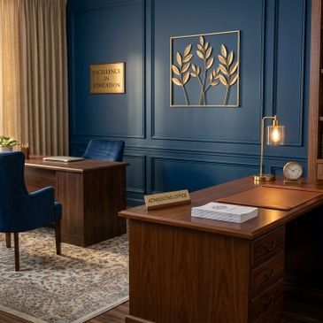 Elegant education office with wooden desks and blue walls.