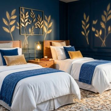 Two twin beds with blue and gold accents in a stylish, dark-themed room.