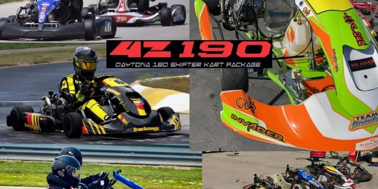 Collage of go-kart racing scenes and a Daytona 190 shifter kart package.
