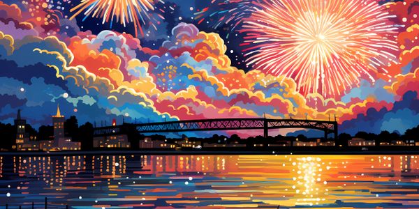 Fireworks over the Mississippi River.