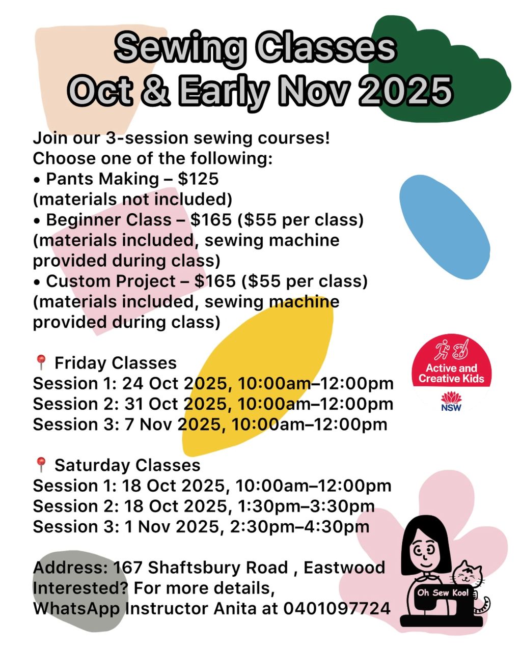 October and early November Sewing Workshop 
Please click image to register or find out more