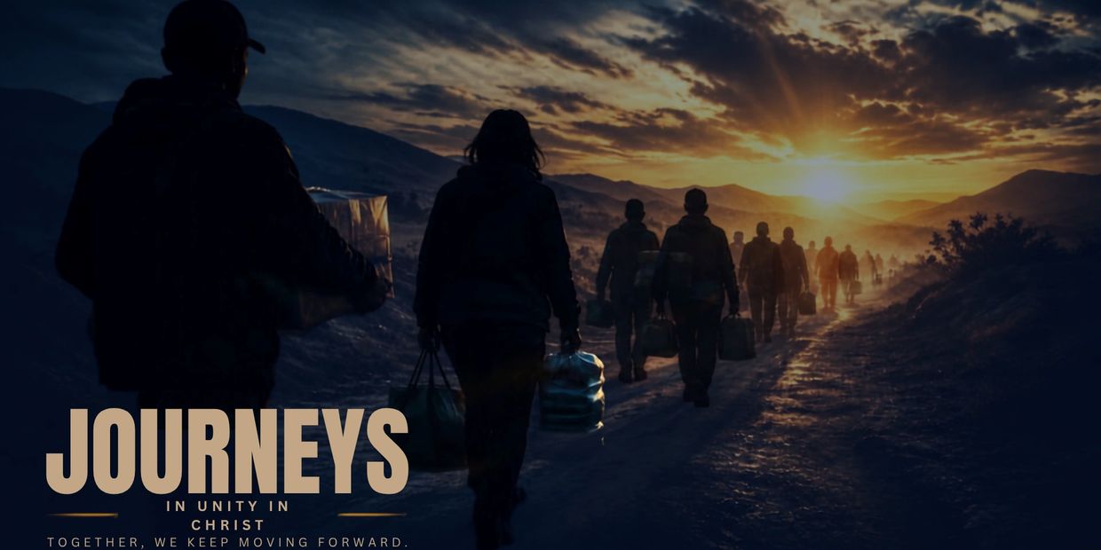 People walking towards the sunrise carrying bags, symbolizing a journey in unity.