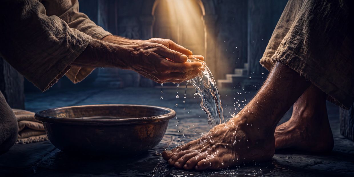 Person washing feet with water in a dimly lit room.