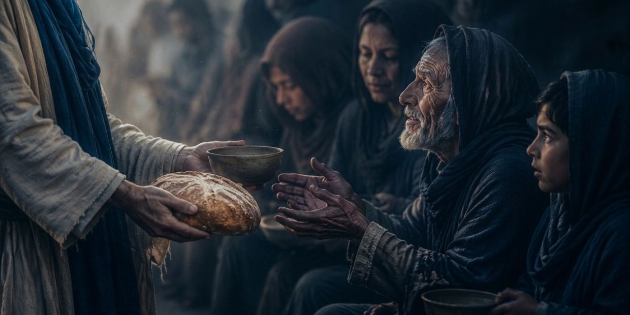 A person offers bread and a bowl to seated men and women.