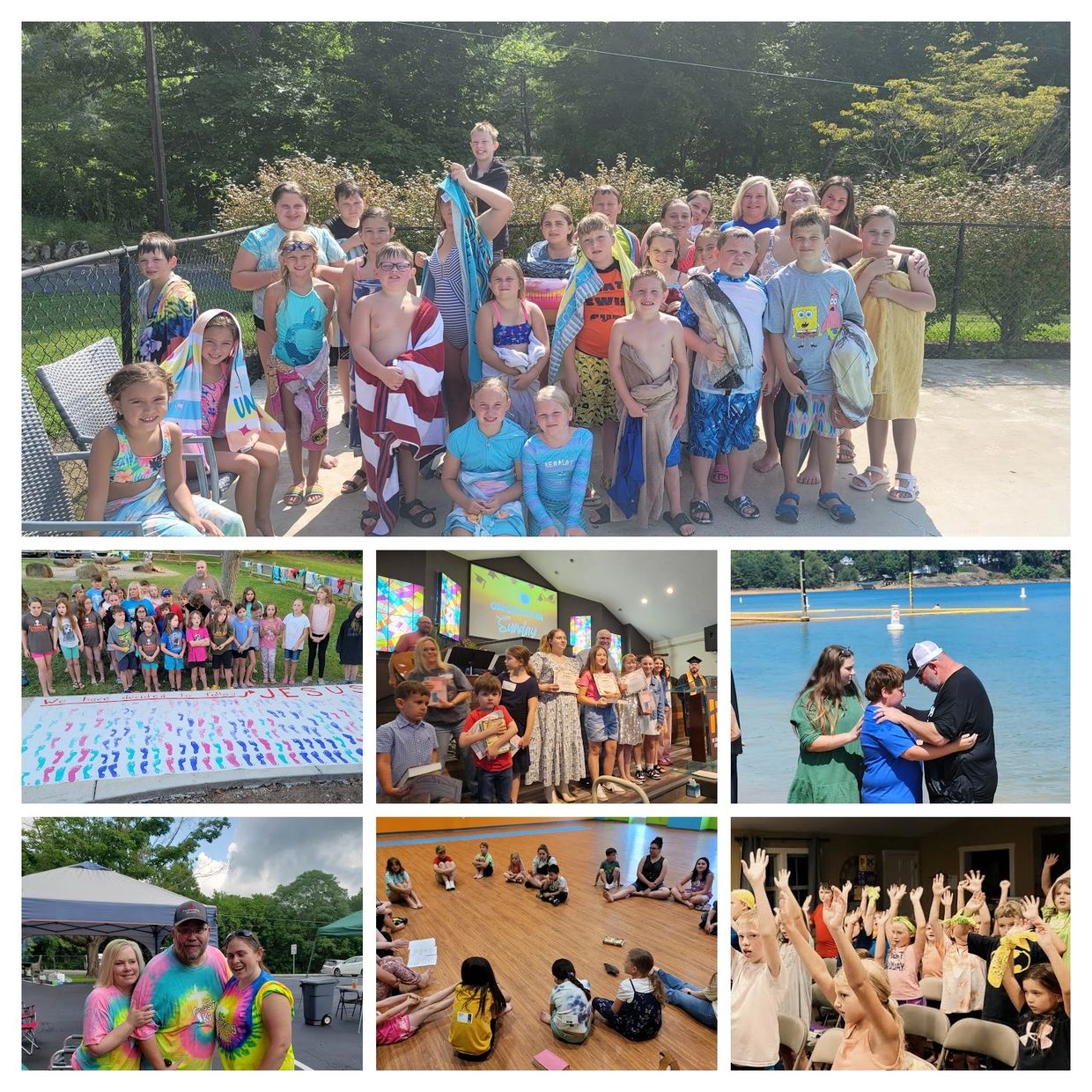 Children and adults participating in various group activities and celebrations indoors and outdoors.