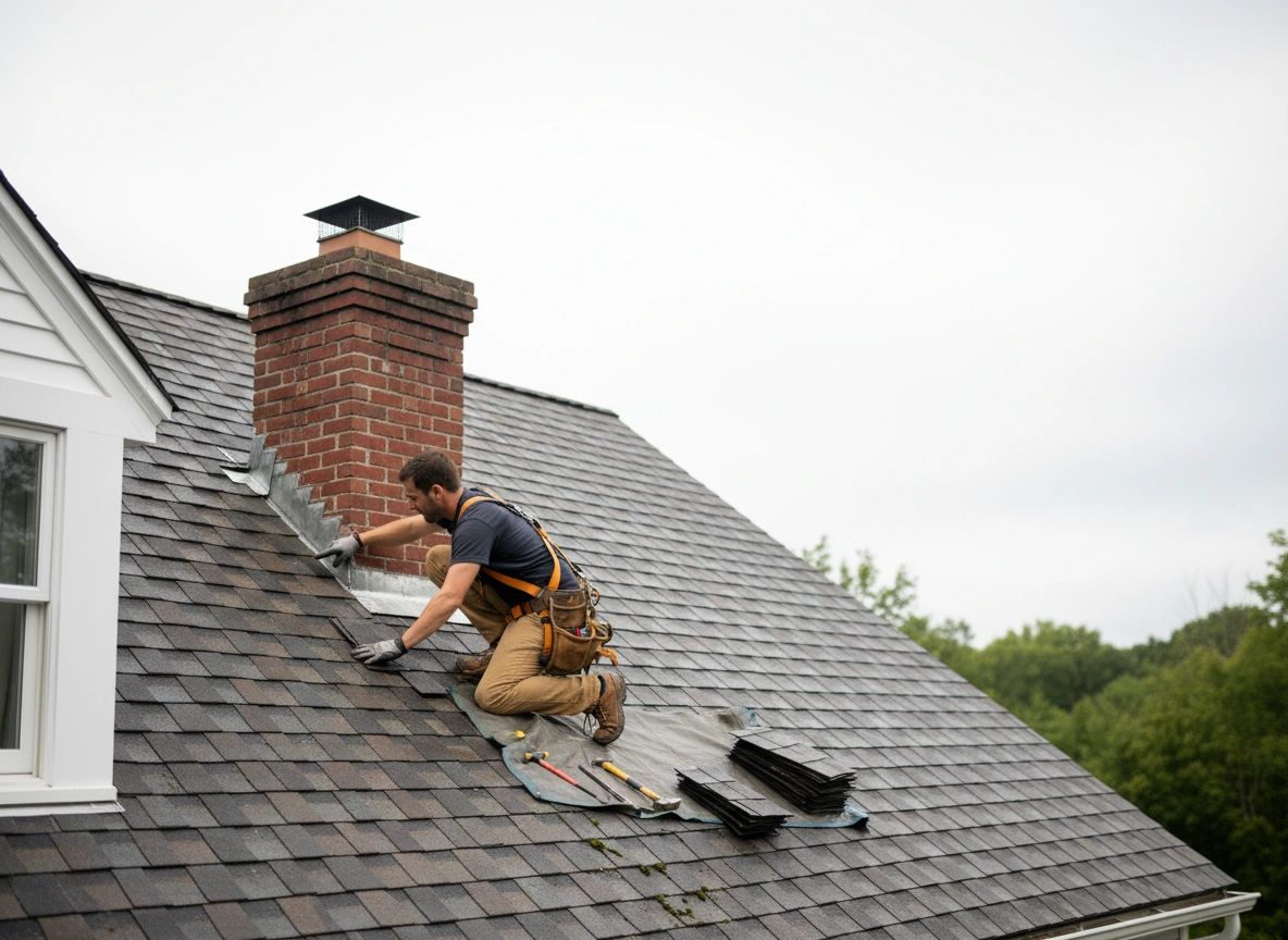 Roofer doing a real repair (shingles + flashing near chimney)