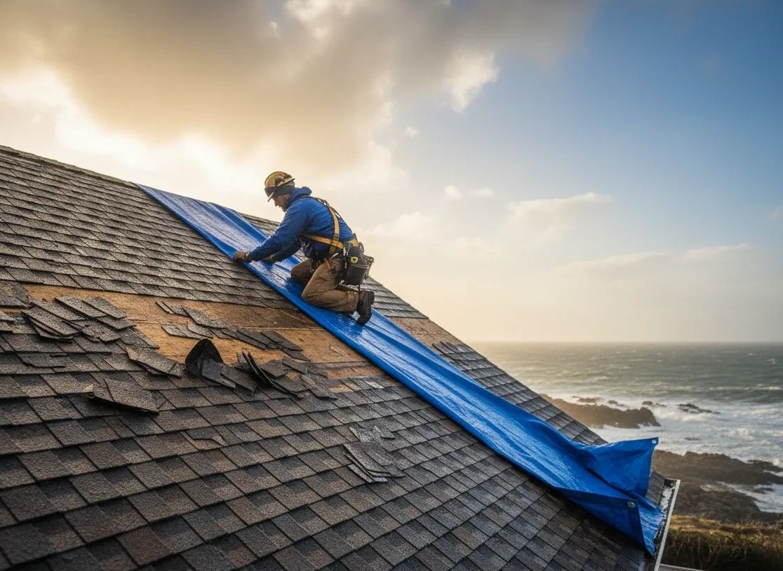 Storm damage roof repair with emergency tarping on a New England home by Iron Badger Roofing