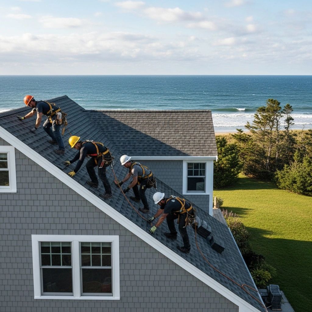 Roofing crew installing shingles on Scarborough home with safety gear.