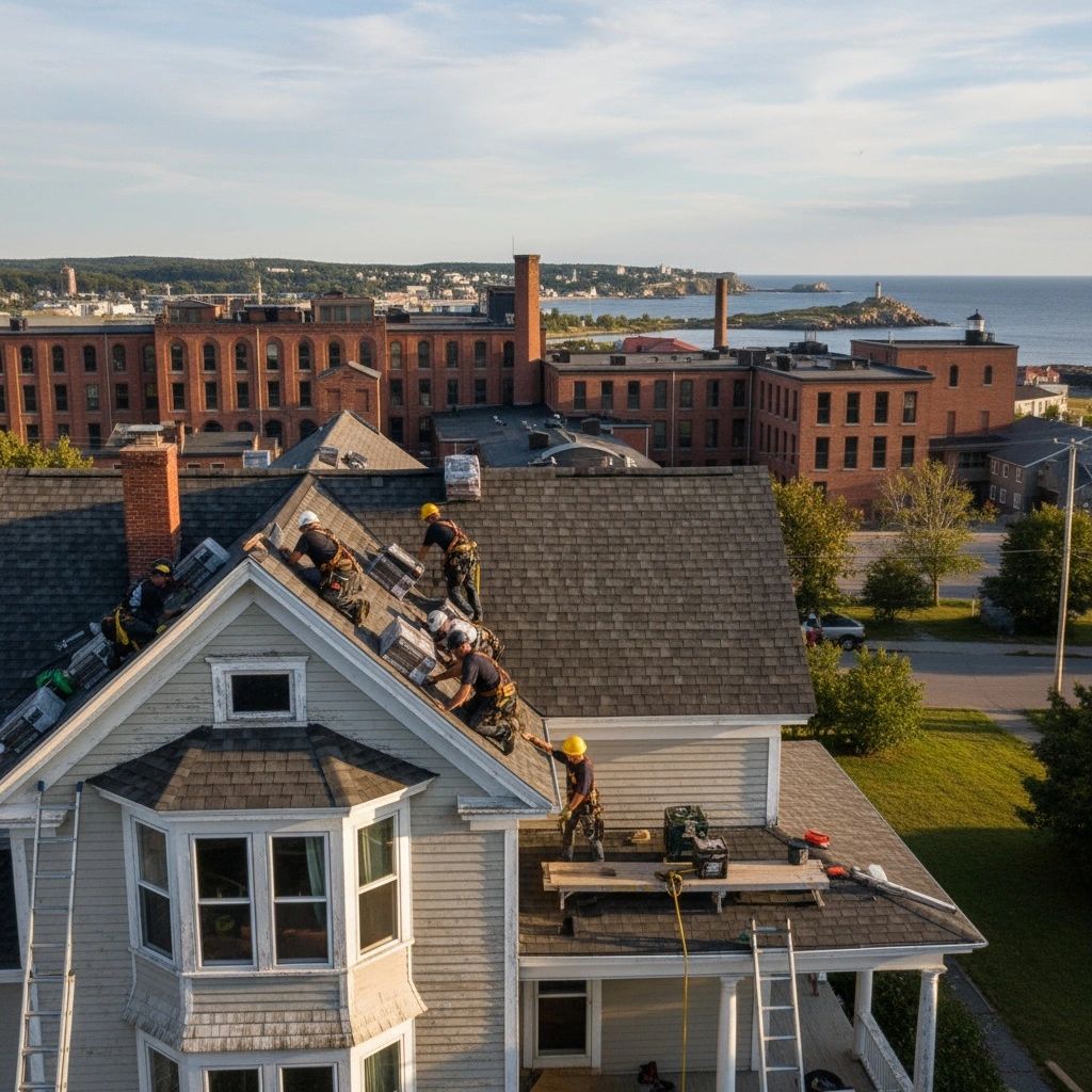 Roofing crew installing shingles on a Biddeford home with safety gear.