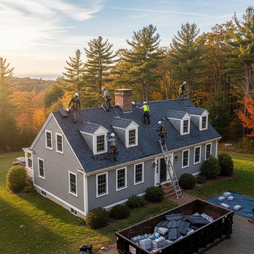 Roofing crew installing shingles on Maine home with safety gear.