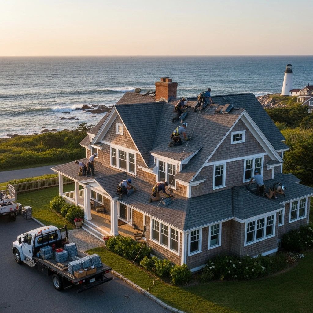 Roofing crew installing shingles on Cape Elizabeth home with safety gear.