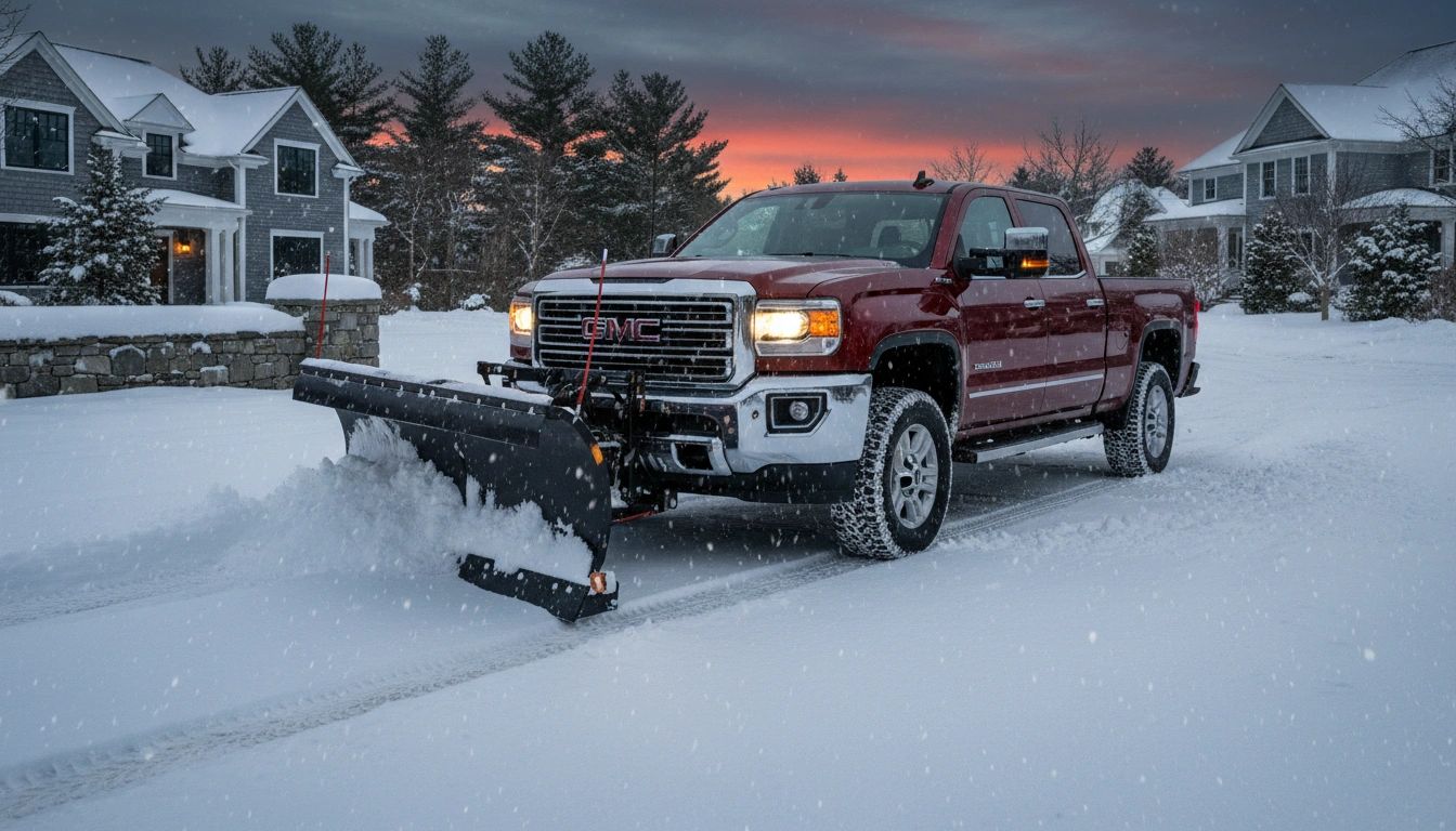 2017 GMC Sierra plowing a snowy Maine driveway at dawn