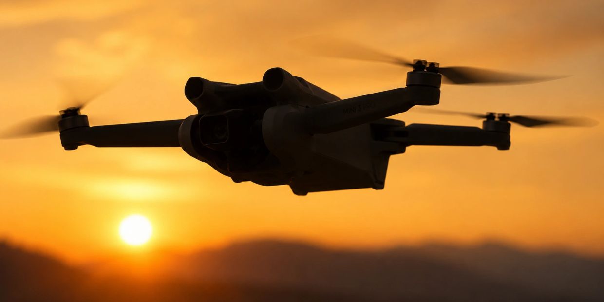 Drone flying at sunset.