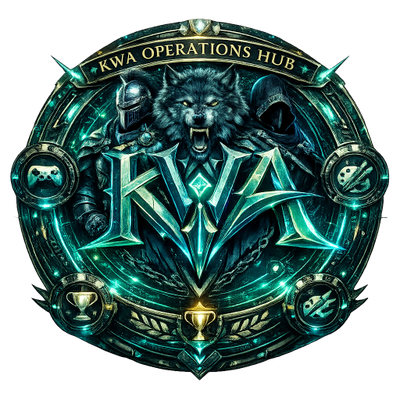 KWA Operations Hub emblem featuring a wolf, knight, and hooded figure with gaming icons.