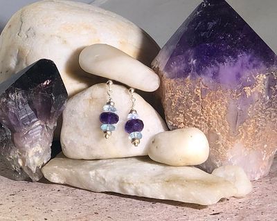 Amethyst and Blue Topaz Earrings with white stones and amethyst crystals