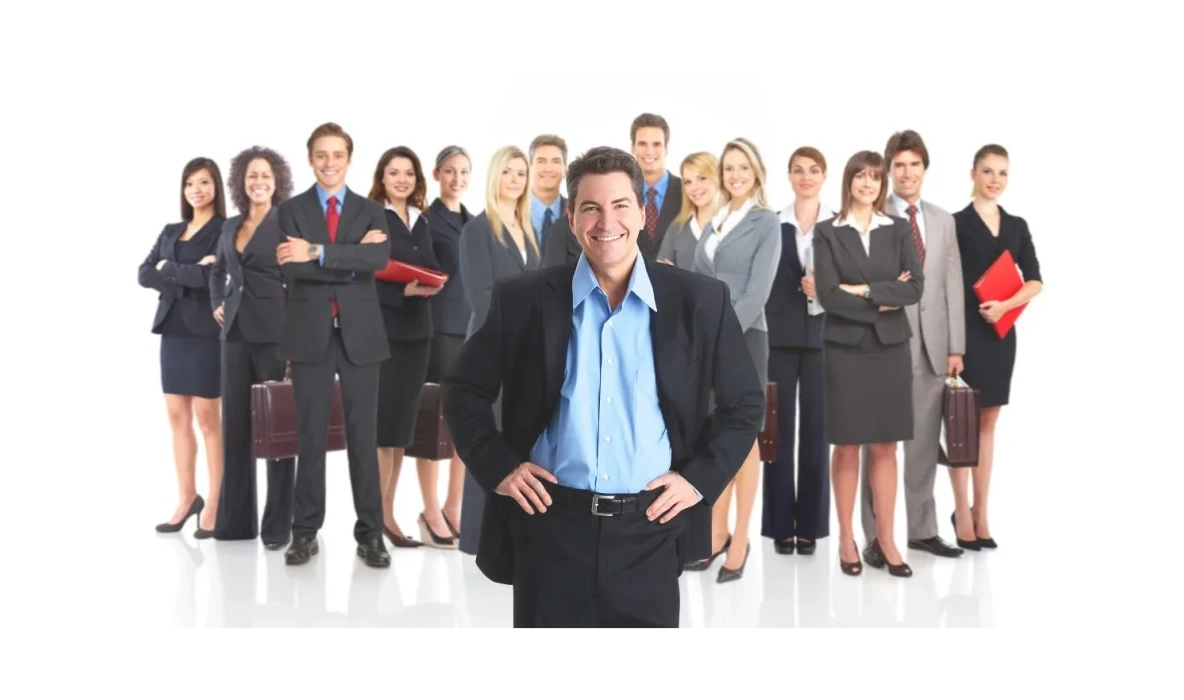 Confident business team with leader in front.