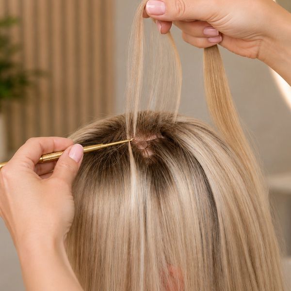 Integrated hair topper with natural hair pulled through for seamless coverage