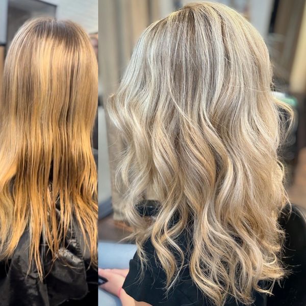 Before and after hair transformation from dull to voluminous blonde curls.