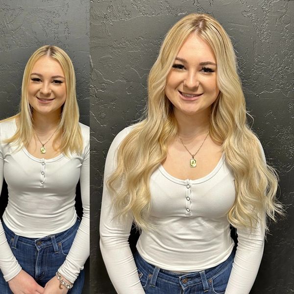 Blonde hair extensions before and after pictures. At little Citrine Salon in Merced ca. 