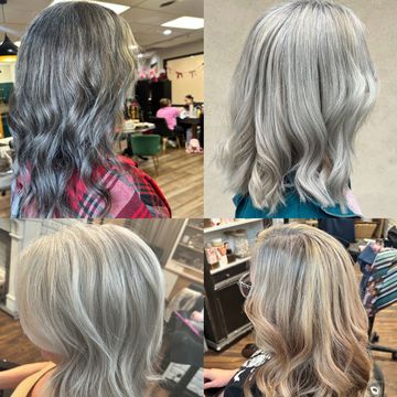 Four images showcasing different stylish silver and gray hair colors and waves.