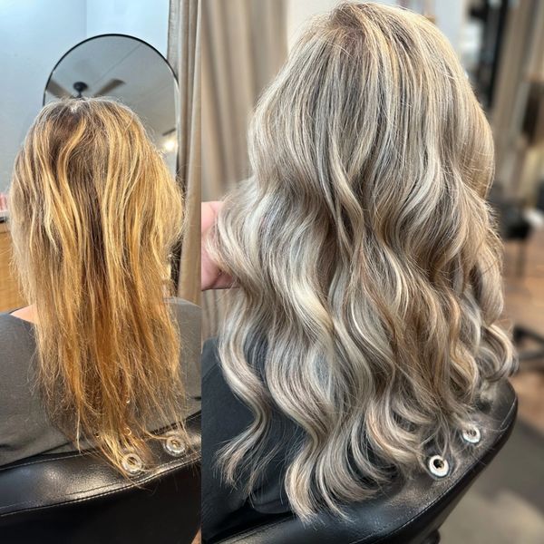 Before and after of hair color and extensions. 