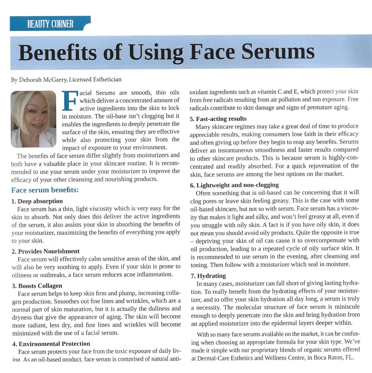 Article explaining benefits of face serums by licensed esthetician Deborah McGarry.