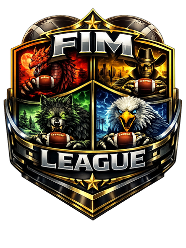 FIM League emblem featuring a dragon, cowboy, wolf, and eagle with footballs.