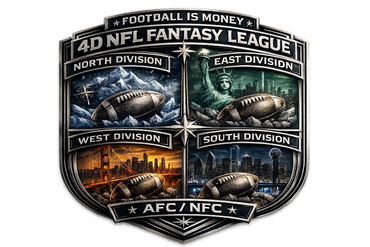 Shield emblem representing 4D NFL Fantasy League's four divisions with iconic cityscapes and footballs.