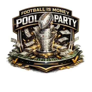 Football-themed pool party logo with money and a trophy.