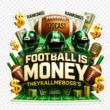 Graphic design featuring football, money, and podcast theme.