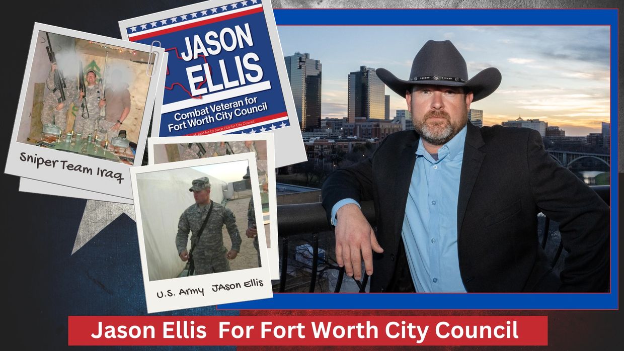 Jason Ellis with Military photos and Fort Worth skyline beind him