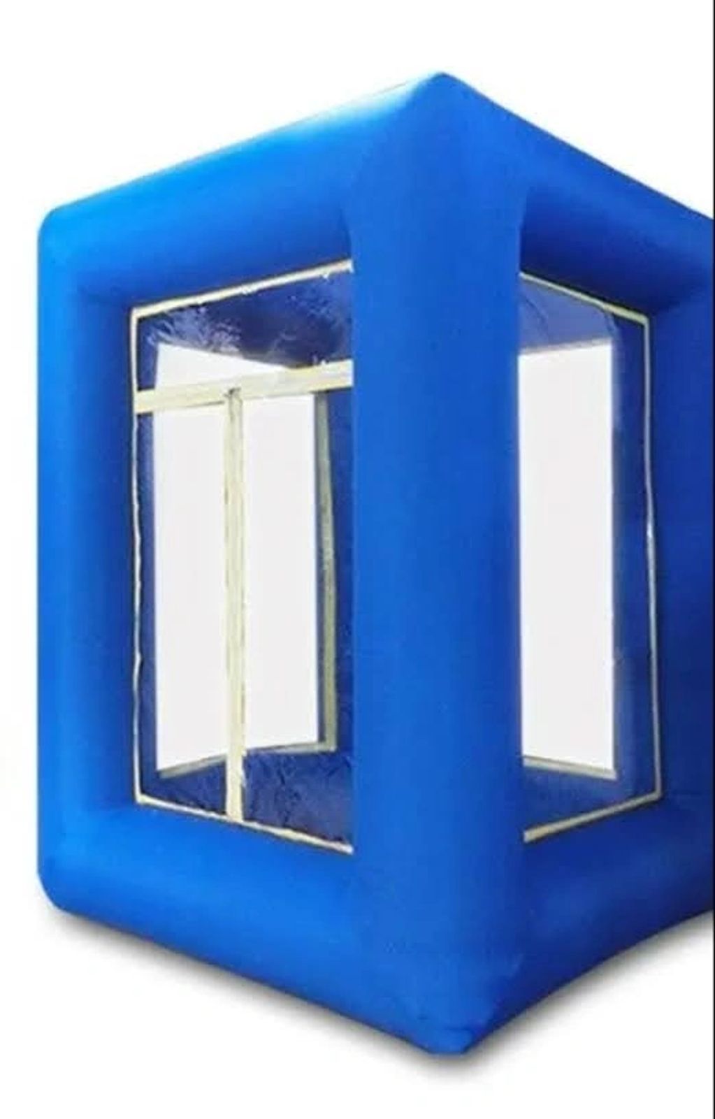 Blue inflatable cube with transparent windows on each side.