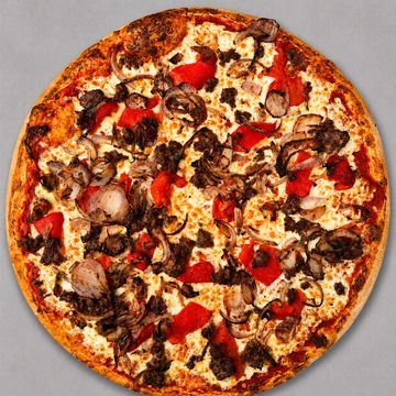 Large pizza with mushrooms, red peppers, onions, and cheese in a box.