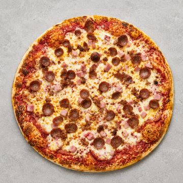 Meat Lover Pizza, pepperoni, crispy bacon, ham and italian sausage. Perfect for pickup or delivery.