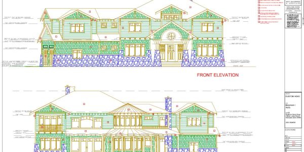 Architectural front and rear elevation drawing of a two-story house.