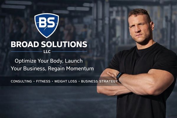 Broad Solutions LLC promotes fitness and business consulting with a confident trainer.