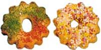 Two colorful ring-shaped cookies.