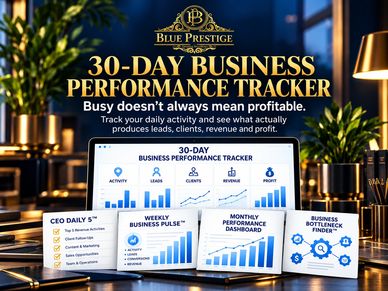 30-day business performance tracker for leads, clients, revenue, and profit.
