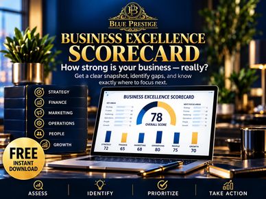 Business Excellence Scorecard displayed on laptop in office.