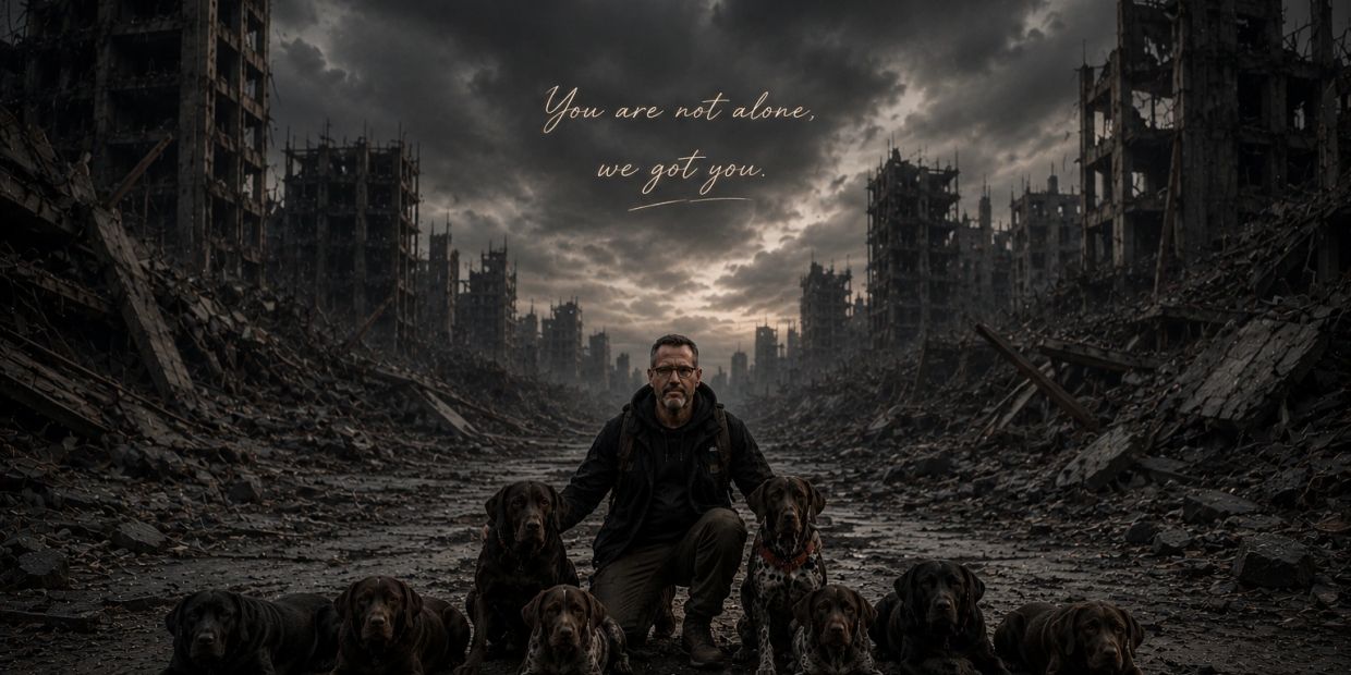 Man with dogs in a ruined city with hopeful message.
