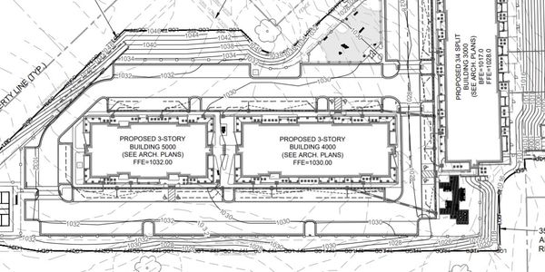 Architectural site plan showing proposed 3-story buildings and layout details.